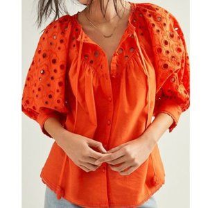 Anthropologie Chantal Orange Eyelet Puff Sleeve Blouse Lace Top